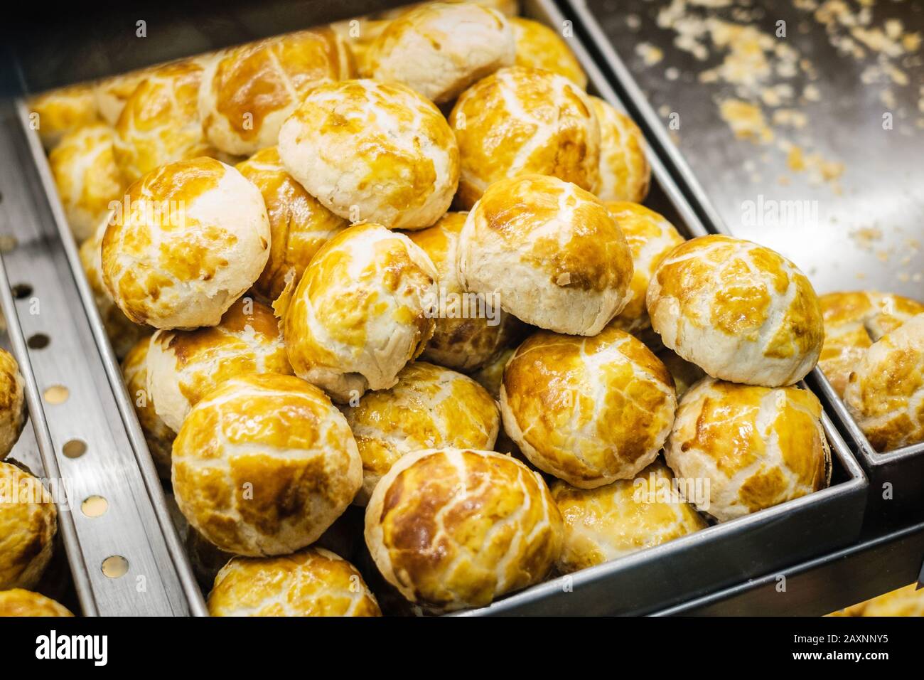Crispy bread bun or Hong Kong`s hot cross buns - Stock Photo